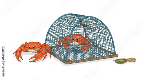 Two crabs and a crab trap with bait.