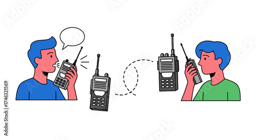 Two people communicating using walkie-talkies over a distance.
