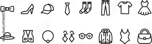 fashion icon set. Containing clothes, accessories, dress, sewing, fabric, shoes and beauty icons. vector illustration