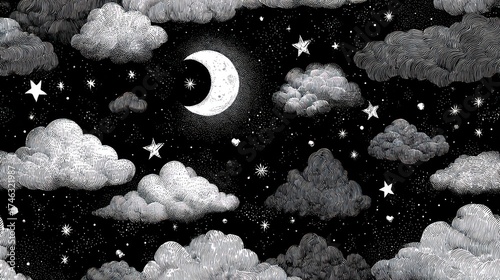 Illustration of a crescent moon and stars against a dark night sky