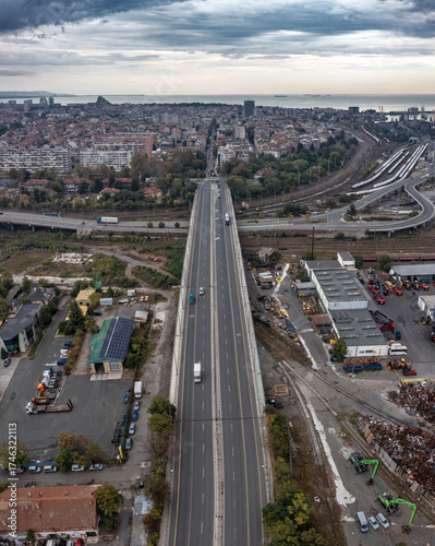Aerial view of a boulevard towards the city of Burgas, Bulgaria