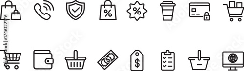 Shopping icon set. Containing Shop, store, cart, market, buyer, purchase, goods and more. Editable stroke. Vector illustration