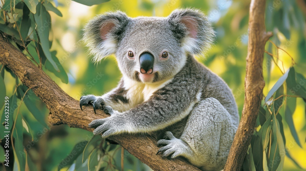 Obraz premium Koala perched on eucalyptus branch, Australian forest background, wildlife tourism
