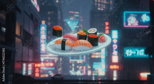 Sushi Plate with Salmon Nigiri and Rolls in Futuristic Neon City Setting