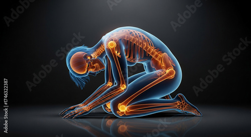 Human skeleton glowing inside body in kneeling pose