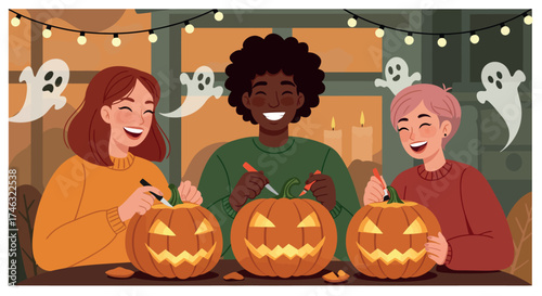 Friends carving cheerful jack-o'-lanterns, sharing spooky Halloween fun and laughter in a cosy, warmly lit room decorated with festive ghosts. Adobe Illustrator Artwork