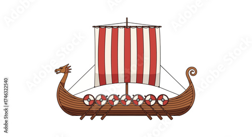 Viking Ship with Red and White Striped Sail.