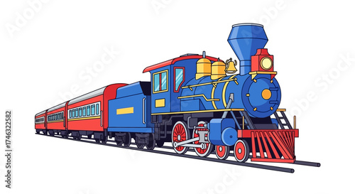 Vintage Blue Steam Locomotive Pulling Red Passenger Cars on a Track.