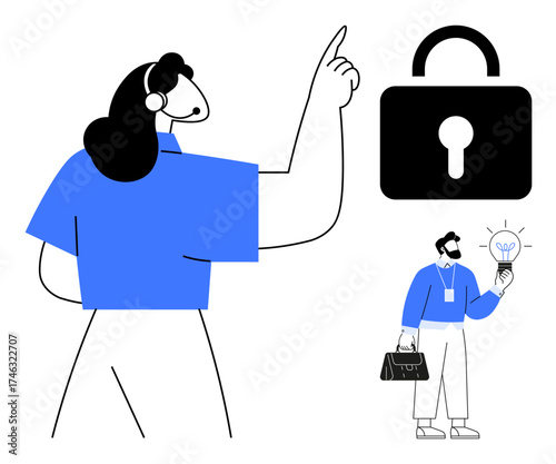 Person gesturing towards a large padlock, signifying security. Another figure holds a lightbulb, representing creative ideas. Ideal for innovation, security, data protection, teamwork, creativity
