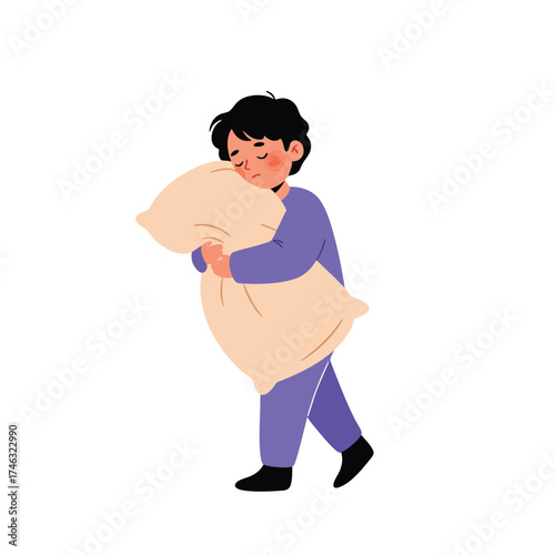 a sleepy child, wearing pajamas, walking while hugging their favorite large, fluffy pillow