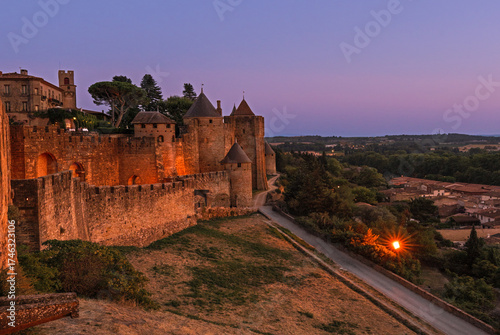 Medieval fortress walls and towers of Carcassonne at sunset, France. Old medieval walls of Carcassonne illuminated by purple night sky.