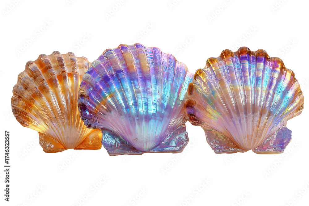 Fototapeta premium Three vibrant iridescent scallop shells showcasing beautiful pearlescent colors