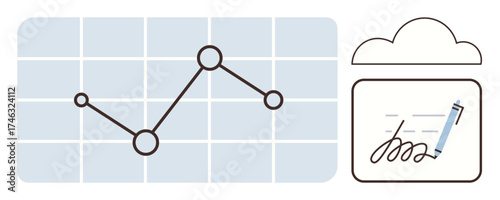 Line chart with connected points on grid panel alongside digital signature icon in cloud outline. Ideal for analytics, business growth, cloud storage, digital contracts, data insights, finance
