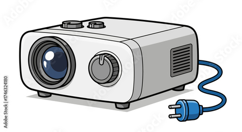 White projector with blue power cord and plug.