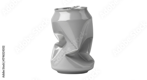 Isolated crushed gray aluminum can, recycling concept, damaged can, metal beverage tin
