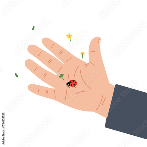 a child's hand held open, and on the palm is a small red ladybug crawling along