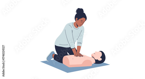 Woman performing CPR on a dummy.