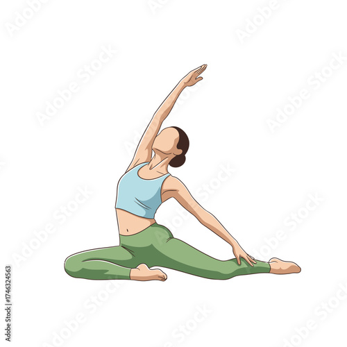 Woman practicing yoga in a seated side bend pose.