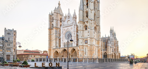 León Cathedral in Castilla y León, Spain, at sunrise .