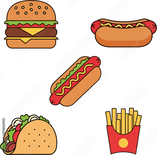 Street Food Icon Set – Burger, Hotdog, Taco, and French Fries Vector Illustration in Flat Minimal Style, Fast Food Icons for Restaurant Menu, Food Delivery App, and Modern Branding Design