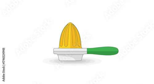 Yellow citrus juicer with green handle on white background.