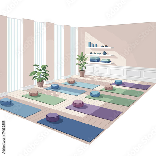 Yoga studio with mats and props for practice.