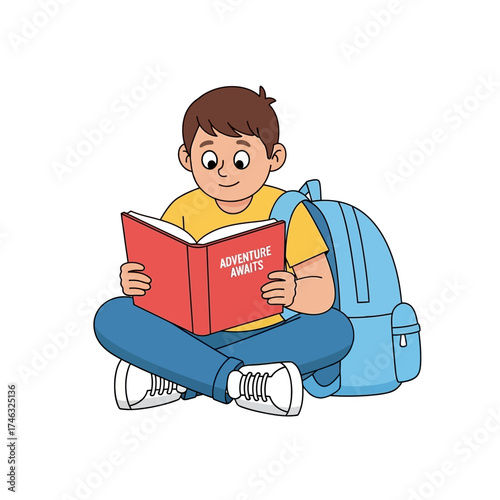 Young boy sitting cross-legged reading a book with a backpack nearby.
