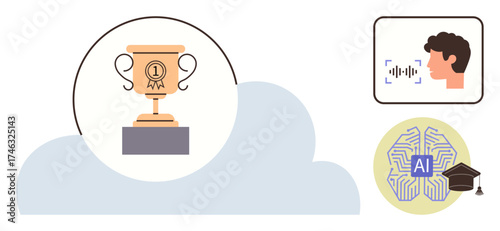Trophy atop a cloud, face recognition with voice analysis, and AI brain circuit with mortarboard. Ideal for technology, innovation, education, biometrics, achievement, AI development futuristic