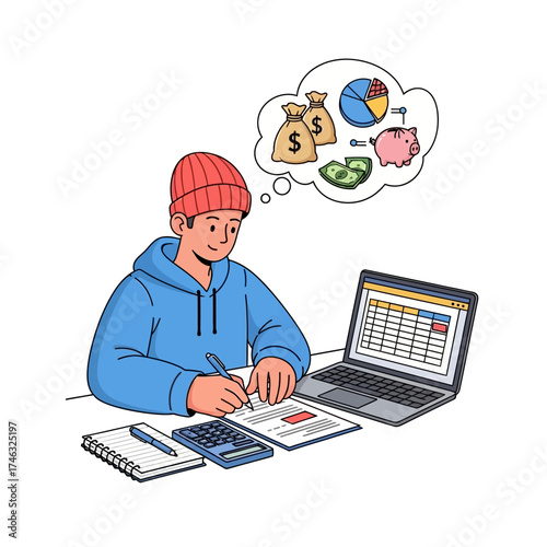 Young man calculating finances with laptop and calculator.