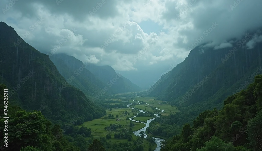 Obraz premium Serpentine River Flows Through a Lush Green Valley Under Dramatic Clouds winding