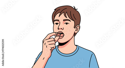 Young man putting a pill into his mouth.