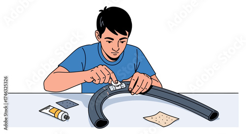 Young man repairing a bicycle inner tube.
