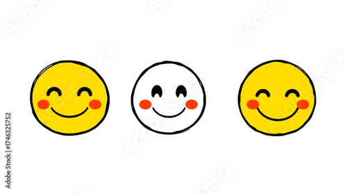 Three cartoon smiley faces, two yellow and one white, all with rosy cheeks and happy expressions, lined up on a white background.