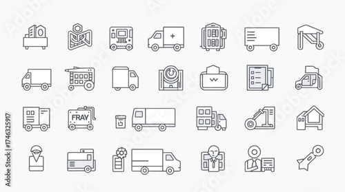 Collection of various transportation and logistics icons, depicting delivery and freight services.