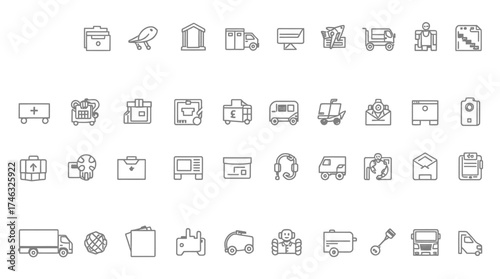 Collection of outline icons depicting various aspects of postal and delivery services.