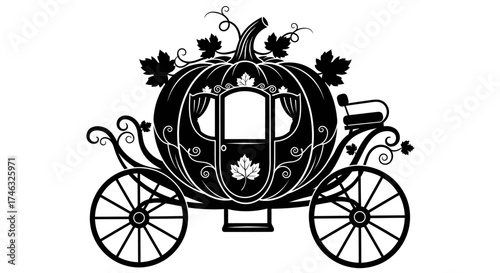 Black and white vector illustration of a pumpkin carriage with decorative leaves and vines on a white background.