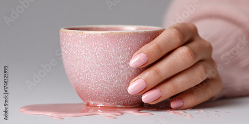 Soft pink ceramic cup with spilled liquid and manicured hand holding it gently
