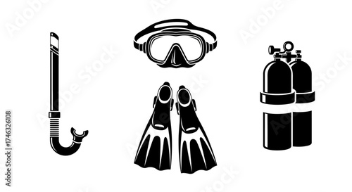 Illustration of snorkeling gear: snorkel, diving mask, fins, and oxygen tanks, arranged in a row on a white background.