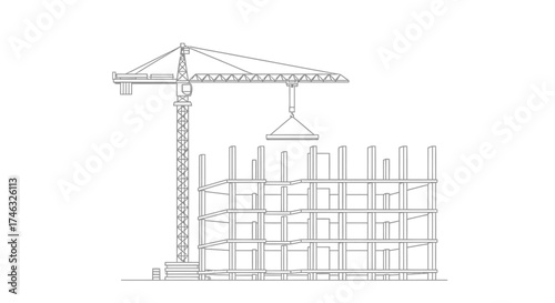 Line drawing of a construction site with a crane lifting a concrete slab onto a building frame.