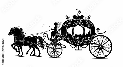 A whimsical illustration depicts a horse-drawn carriage with a fairy driver, perfect for a fairytale.