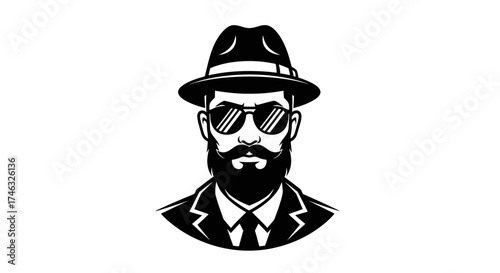 Stylized illustration of a man with a beard, sunglasses, and a hat, wearing a suit.