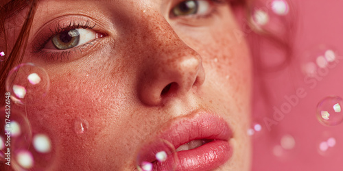 Young woman with freckles and delicate soap bubbles on pink background, soft and dreamy mood