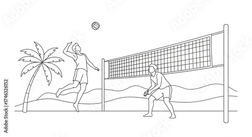 Two people playing beach volleyball near a palm tree, one person is jumping to hit the ball over the net.