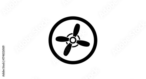 A black and white graphic showing a circular fan with three blades.