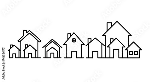 A row of simple, outlined house icons of varying sizes and shapes, forming a neighborhood or community illustration.