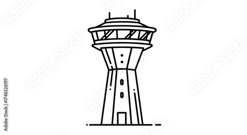 Line drawing of a tower structure with multiple levels and a observation deck, isolated on white.