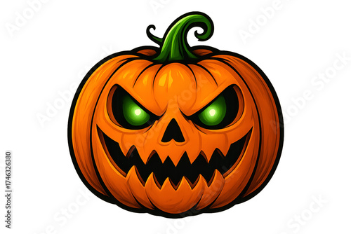 Scary halloween pumpkin jack o lantern with glowing green eyes isolated on white background