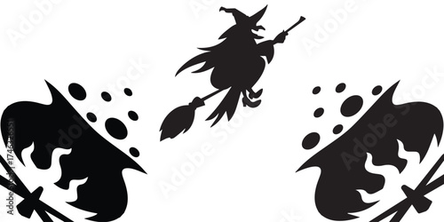 Silhouette of a Witch Flying on Broomstick with Cauldron and Bubbles.