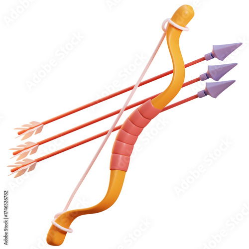 Stylized 3D rendering of a bow and three arrows.