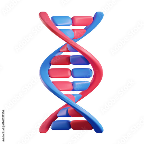 A 3D rendering of a DNA double helix structure with red and blue components.